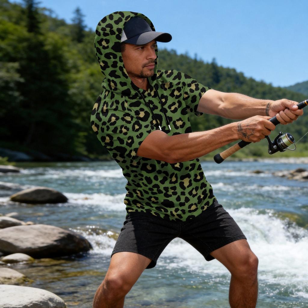 Men's Leopard Print Raglan Hoodie, Short Sleeve Casual Fishing Top, Breathable Outdoor Sports T-Shirt