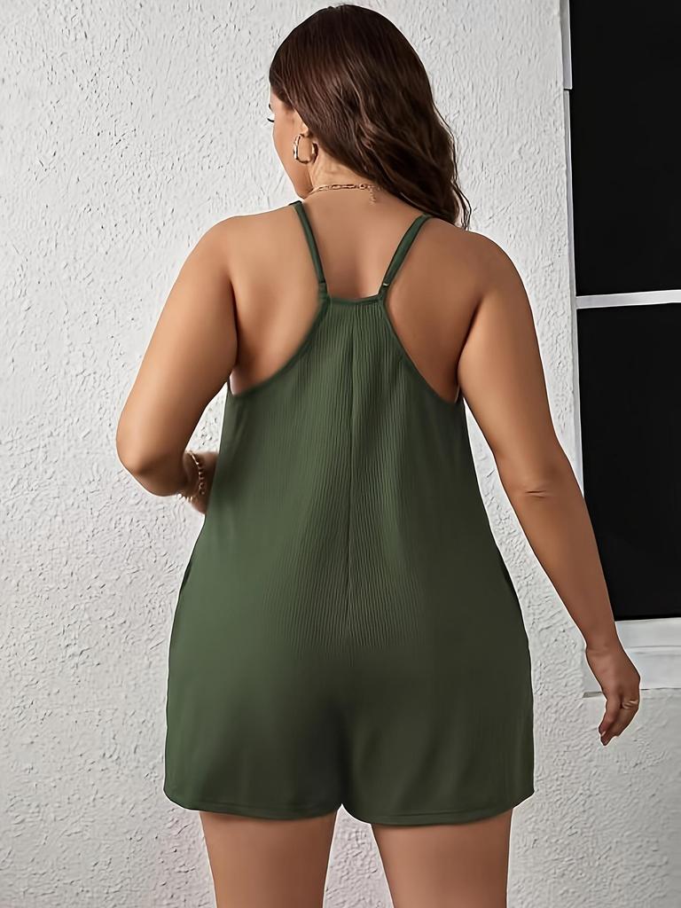 Armee Grün Floral Spaghettiträger Strick Stretch Jumpsuit - Große Größen Damen Vielseitige Sommerkleidung
