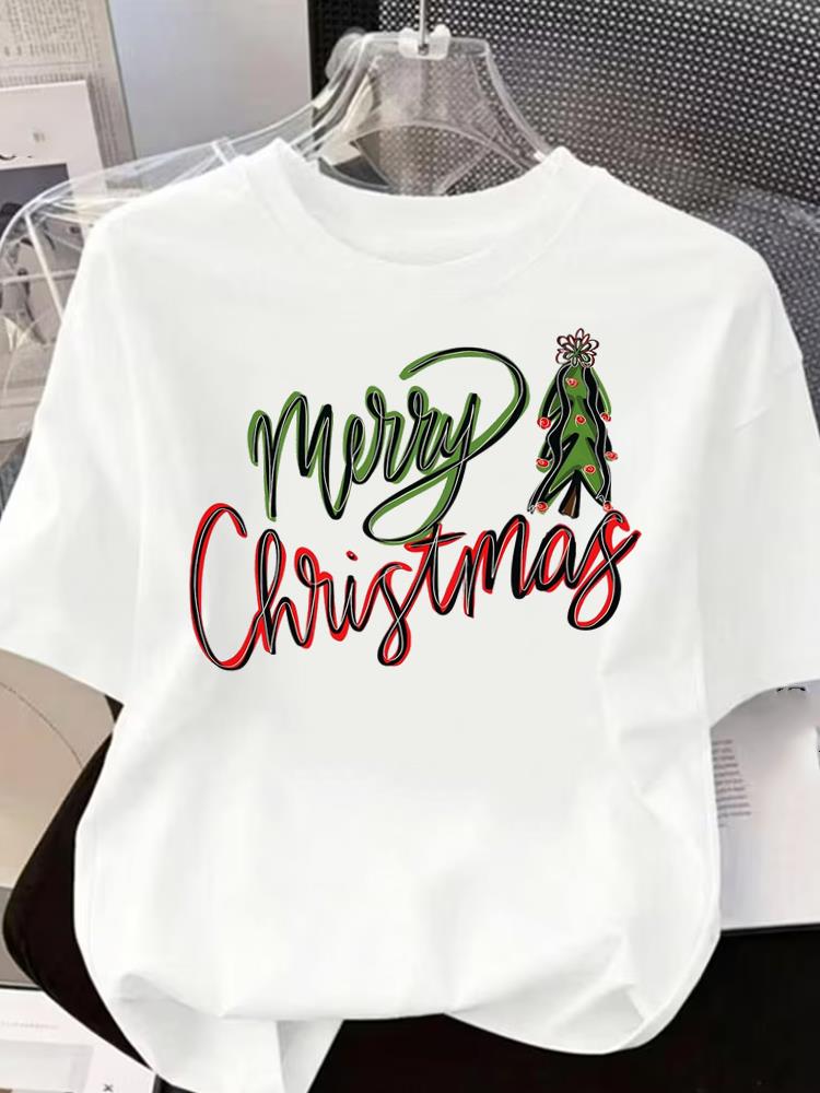 (Asian Size) letter sweet O-neck T Shirt Short Sleeve T-shirts Merry Christmas Fashion Women's Top Print Casual New Year Clothing Graphic Tee