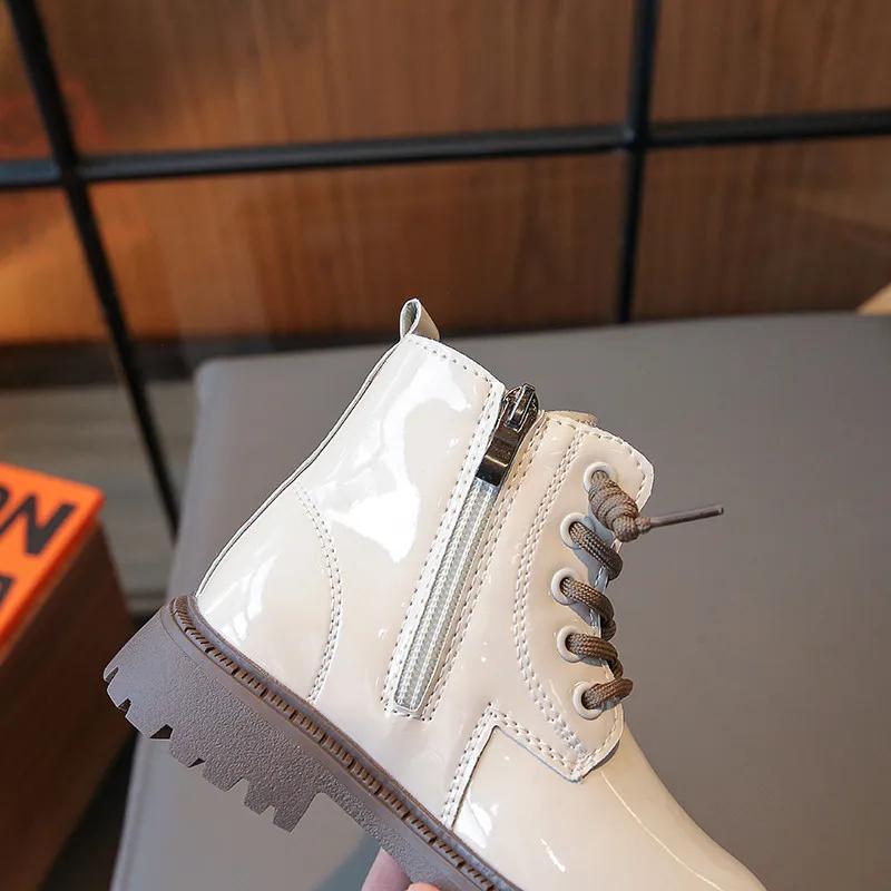 Mädchen dünne Pelzschuhe Mädchen Reißverschluss Stiefeletten Lackleder Martin Boot Kinder schnüren 2023 Kinder Winter rutschfeste Schuh