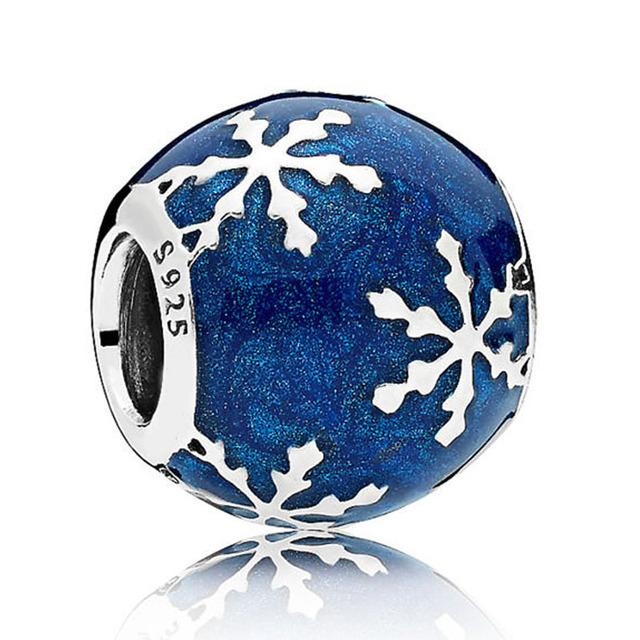 Wintry Delight Snowflake Ball Blue Swirls Pearlescent Dreams Charm S925 Sterling Silver Beads Fit Bracelet DIY Jewelry