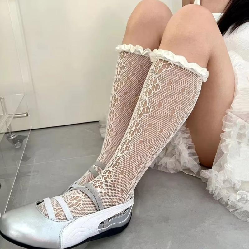 

Summer Cute Socks Sexy Solid Color Women S Stockings Lace Hollow Out Pile Calf Socks Thin Korean Knee Highs Socks Girl Stockings One Size