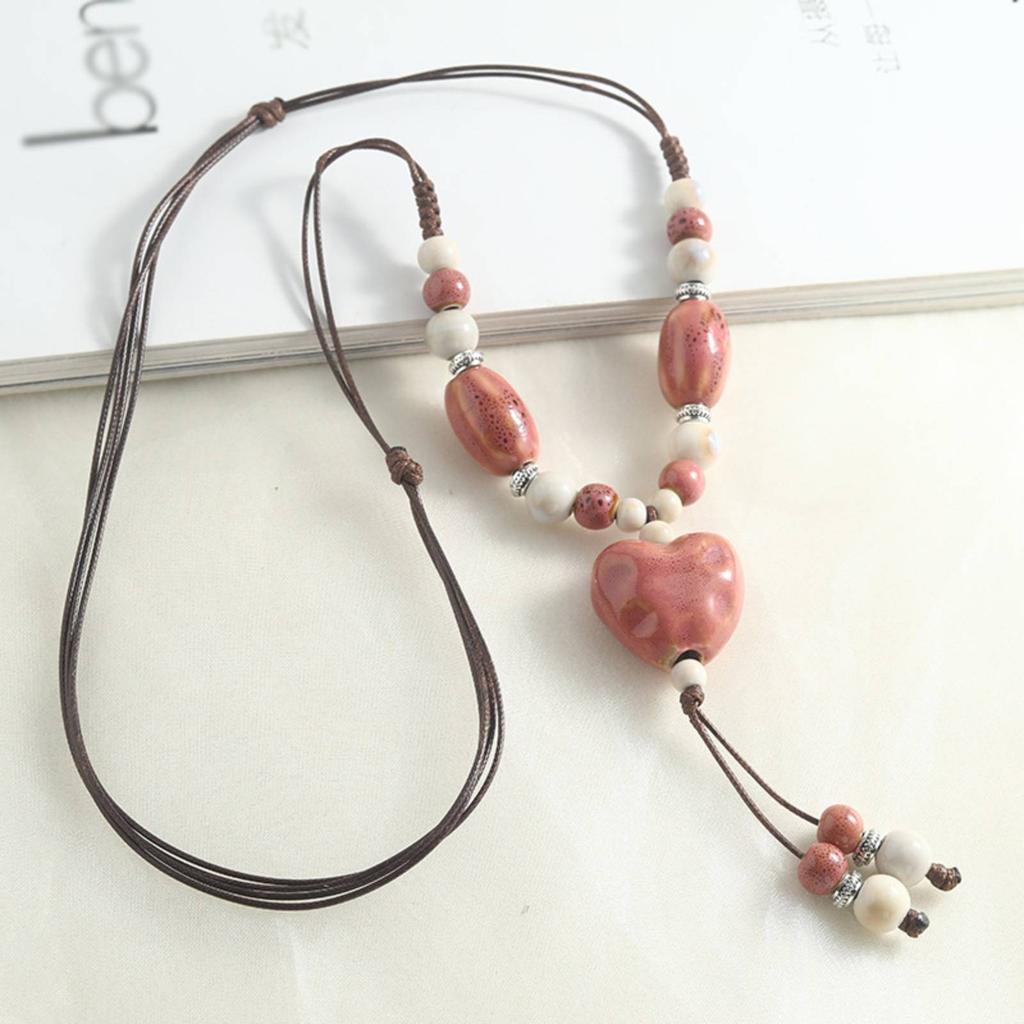 Handmade Heart-shaped Ceramic Pendant Necklace for Women Men Adjustable Necklace Ethnic Style Jewelry Gift