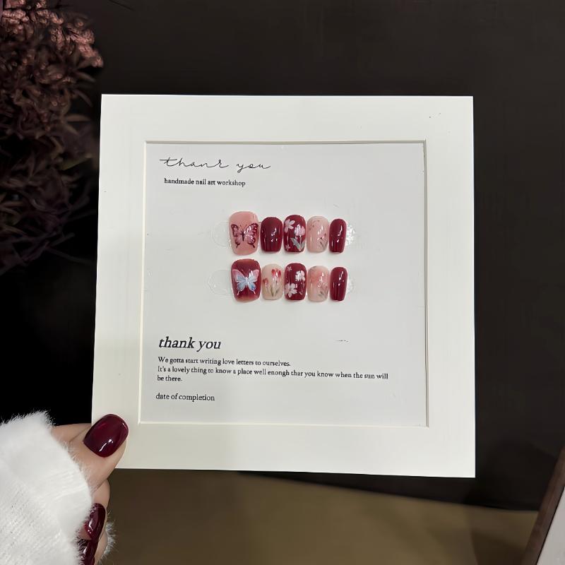 Red French Tip Press On Nails 30 PCS with Flower Prints Full Cover Fake Nails For Students and Office Use Easy Removable Nail Set