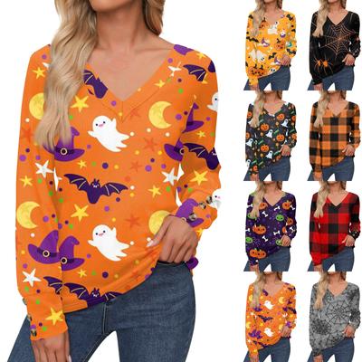 Women's Tops Halloween Printed Long Sleeve Shirt V Neck Casual Loose T-Shirt Autumn Clothing