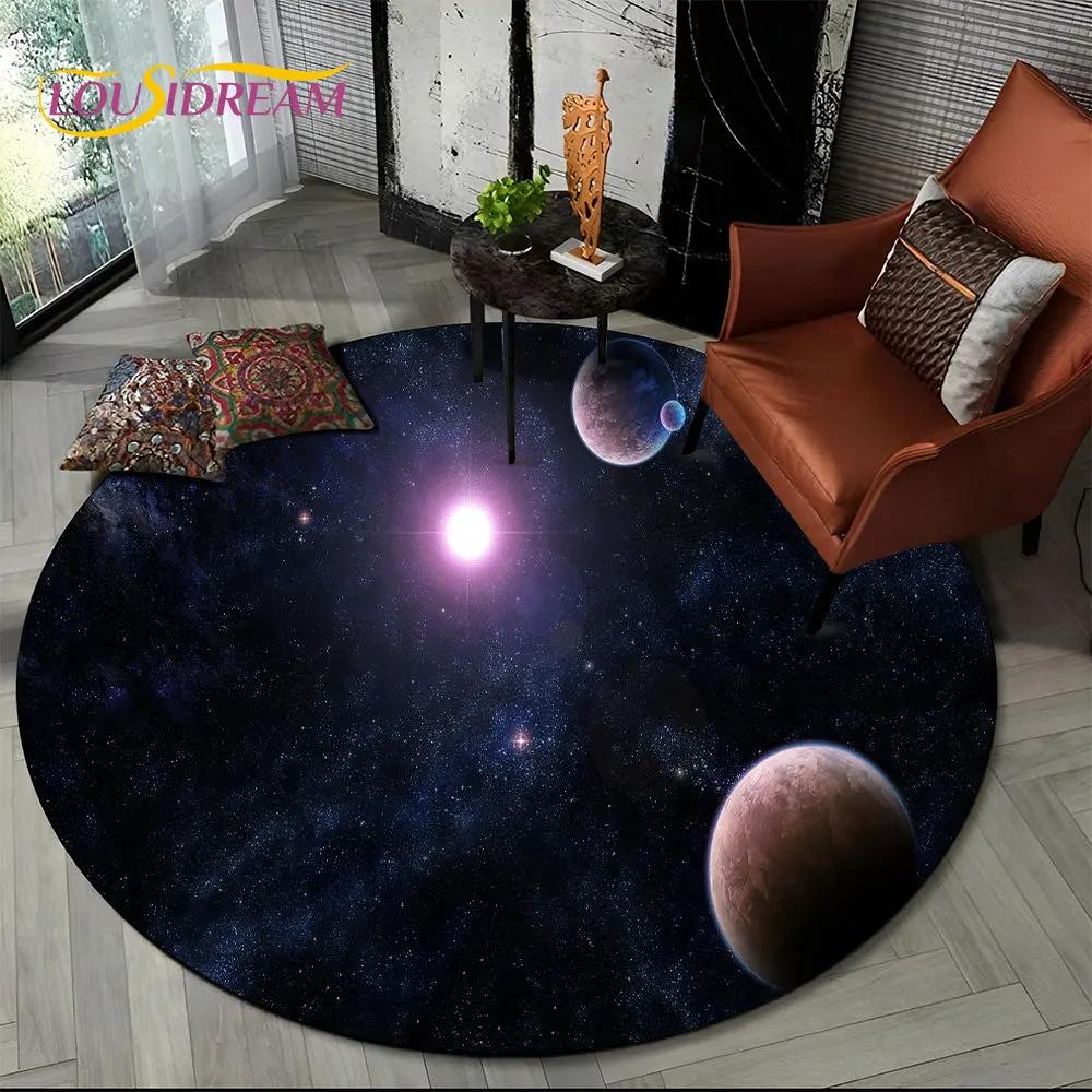 Earth Space Fixed Stars Galaxy Round Area Rug,Carpet for Living Room Children's Bedroom Sofa Playroom Decor,Non-slip Floor Mat