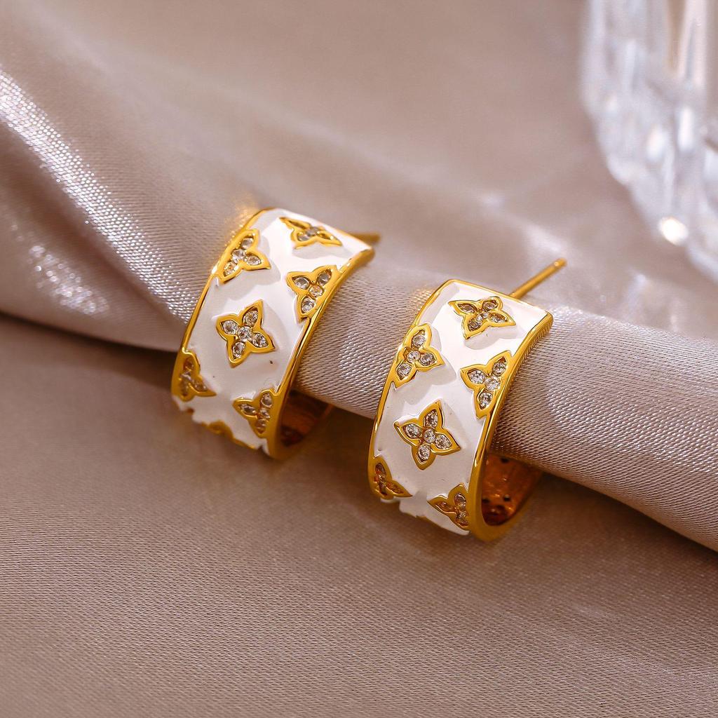 Elegant Four-Leaf Clover Zircon-Encrusted Hoop Earrings - Luxury Vintage European & American Design