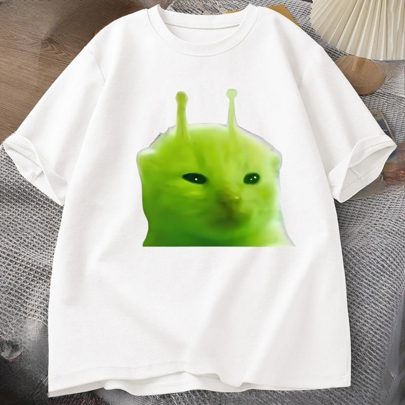 T-shirt Chat Alien Vert Femme Unisexe Chat Meme Tee Glorp Gnarp Cerveau de Chat T-shirt Mignon Rigolo Hauts Courts Manches Courtes en Coton Amples