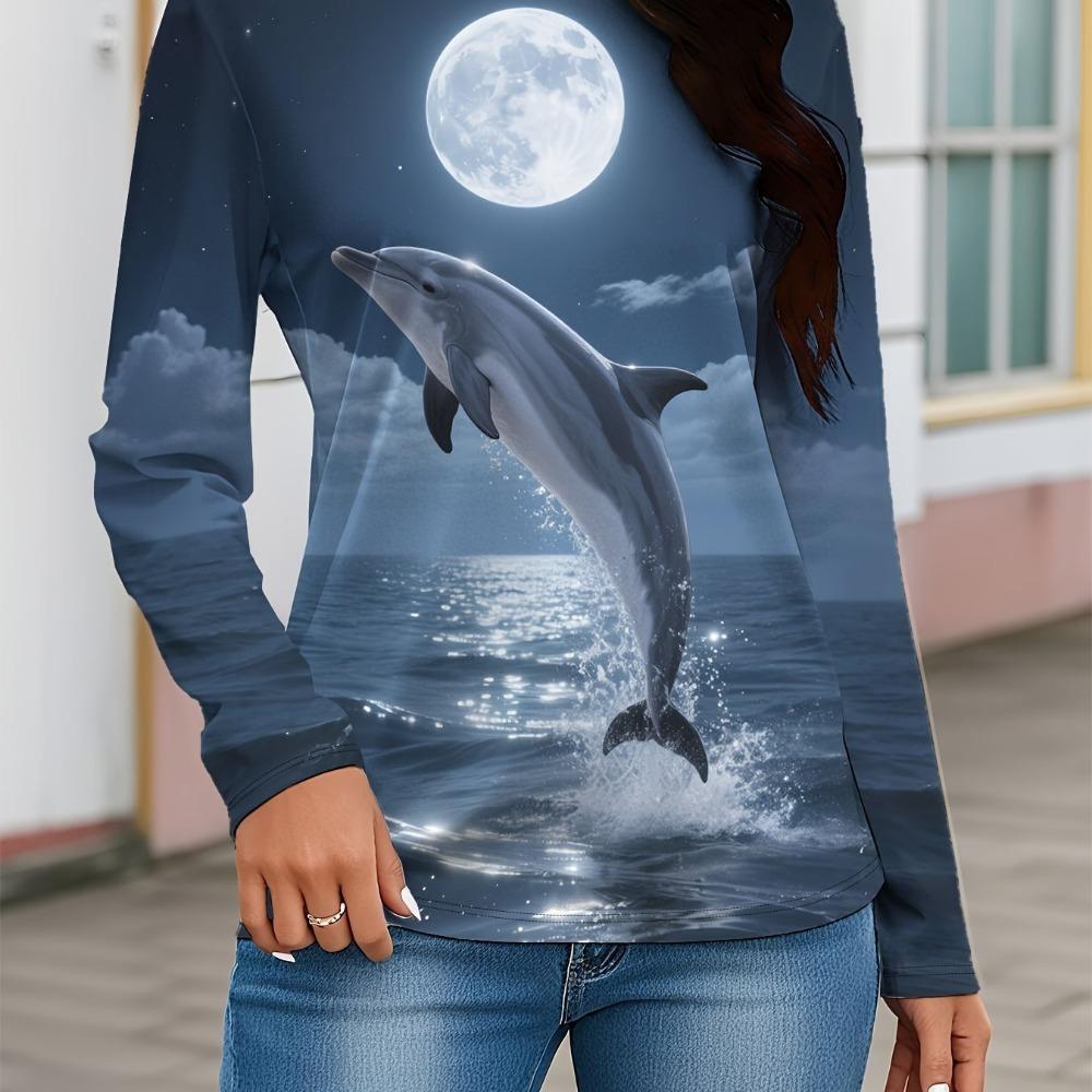 Women's Dolphin Leaping Print Long-sleeved T-shirt Can Be Worn In All Seasons, Shopping, and Casual