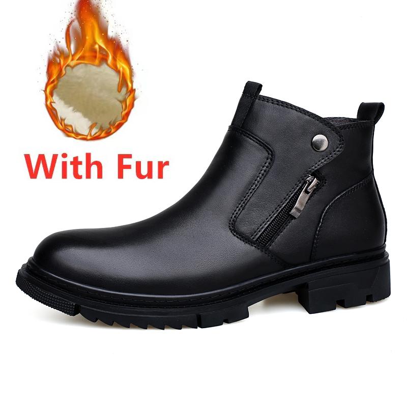 Side Zipper Man Chelsea Boots Genuine Leather Mens Ankle Boots High Quality Warm Plush Fur Winter Boots Luxury Brand Walk Shoes