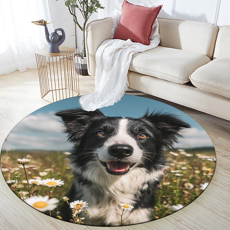 Happy Border Collie Round Area Rug,Carpet Rug for Living Room Bedroom Sofa Playroom Decor,Non-slip Floor Mat