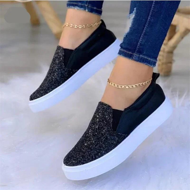 Women  Fashion Shoes Crystal Slip on Flat Spring Loafers Ladies Autumn Glitter Platform Moccasins Sneakers Tennis Female Slip-On