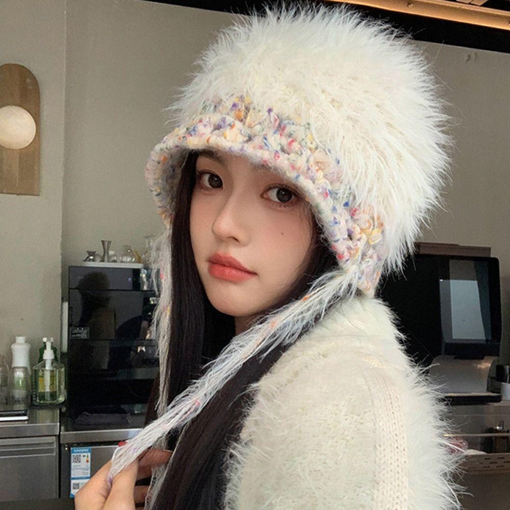 Mixed-color Straps Handmade Knitted Cap Ear Protection Winter Warm Cap  Women Girls Maiden