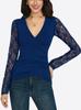 Top da donna a V incrociato con maniche lunghe in pizzo, vestibilità aderente, camicetta elegante