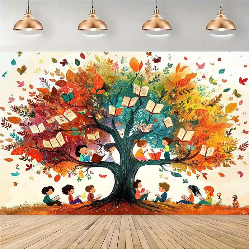 1-Party Background Banner “Tree of Knowledge”vibrant Reading Themes with Colorful Leaves and Books