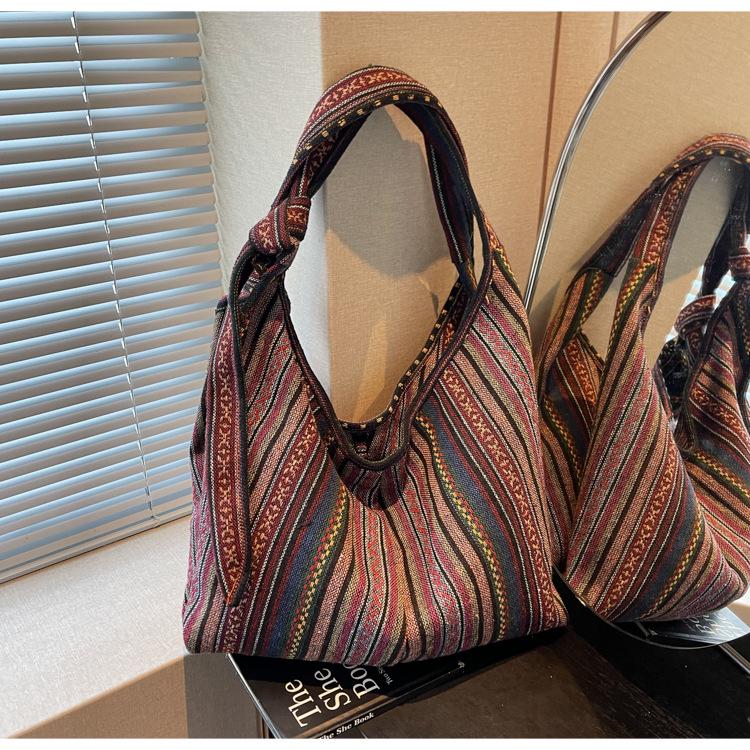 Retro Striped Canvas Shoulder Bag - Large Capacity, Women's Fashion Crossbody