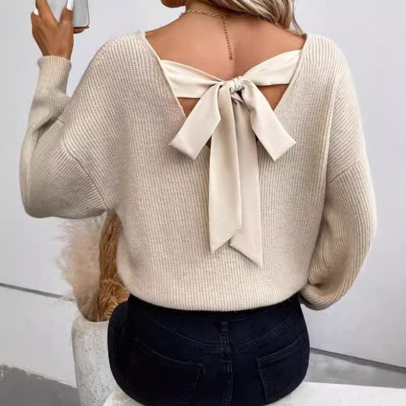 Damen Herbst/Winter Sexy Rückenfreier Schnürpullover mit V-Ausschnitt Langarm Strickpullover