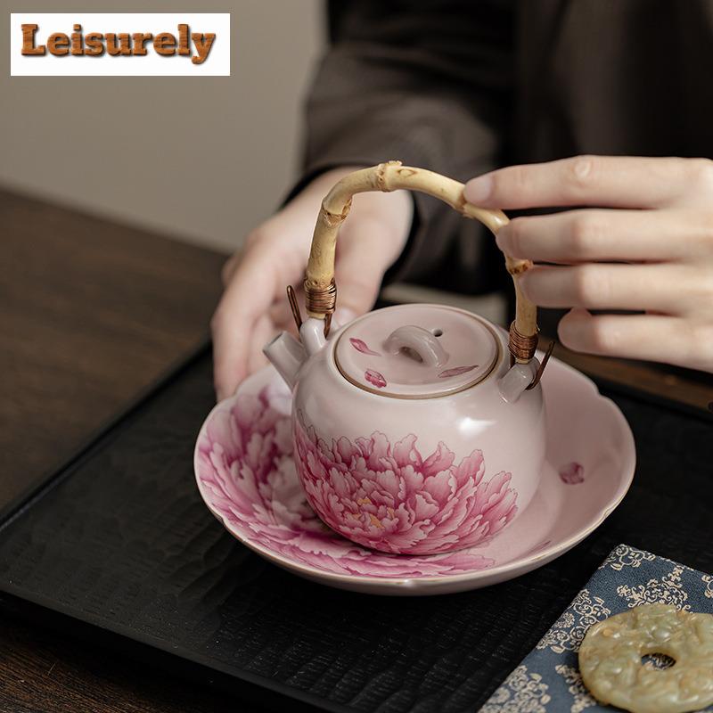 Pink Peony Flower Ru Kiln Porcelain Pot Bearing Holder Handmade Dry Brew Table Tea Tray Kung Fu Tea Chinese Tea Set Decoration