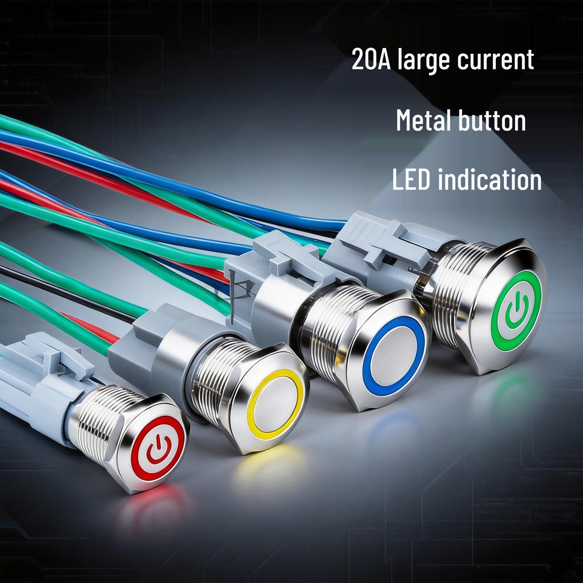 

20A High Current 16/19/22MM LED Self-Locking Reset Power Switch, Industrial Grade Metal Button 16MM Special Socket 4 Wires 150MM 20A