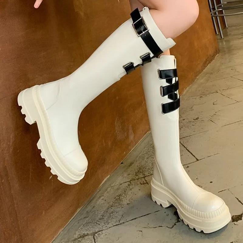 Platform Women Shoes Chelsea High Boots Fashion Punk Leather Motorcycle Boots Winter 2025 New Non Slip Chunky Goth Botas Mujer