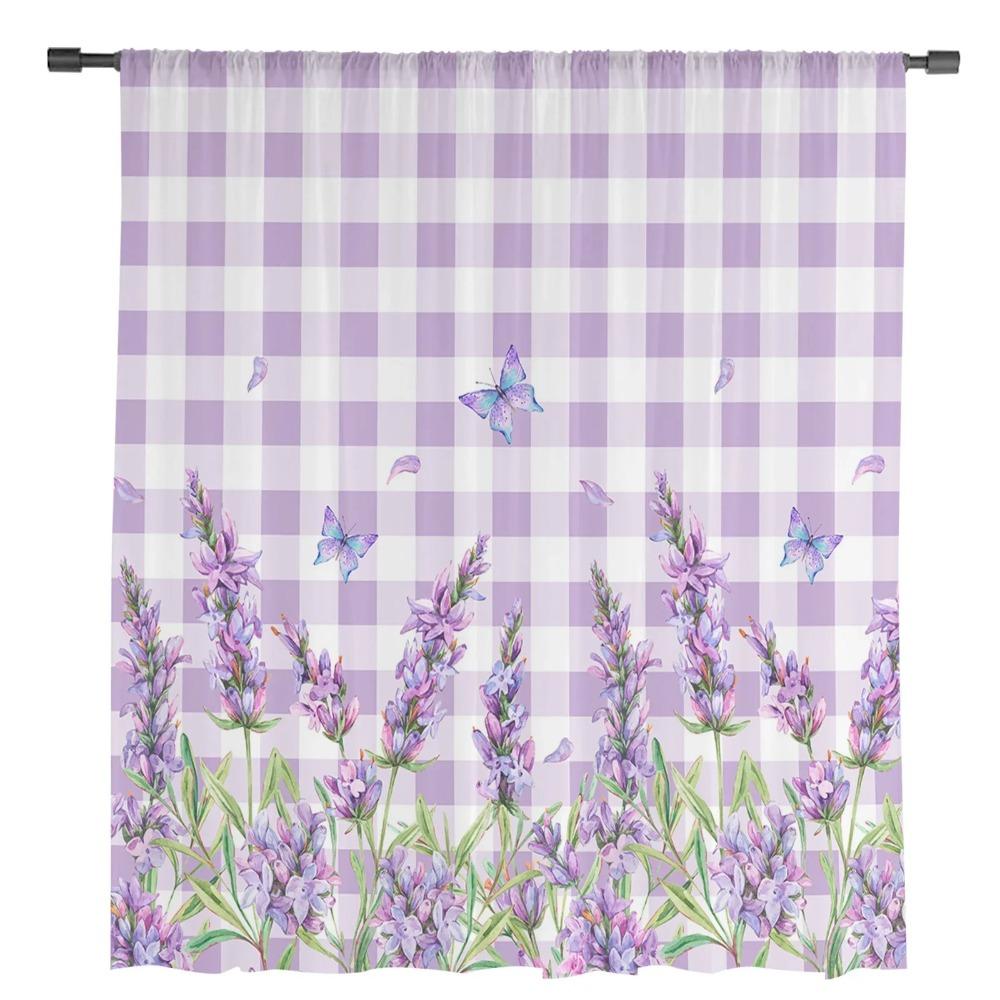 Violet Purple Lavender Floral Butterfly Plaid Violet Purple Transparent Curtains Living Room Decoration Window Panel Curtain Cooking Area Netting