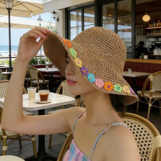 Beach Hat Hollow Design Large Eaves UV Blocking Colorful Flower Decoration Sun Protection Hat Portable Hand-Crocheted Straw Hat