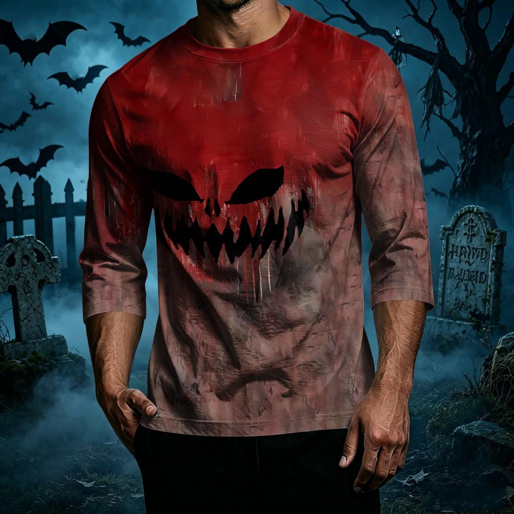 Men's Casual Halloween Print Crew Neck T-Shirt Three Quarter Sleeve Top Lightweight Comfortable Fit