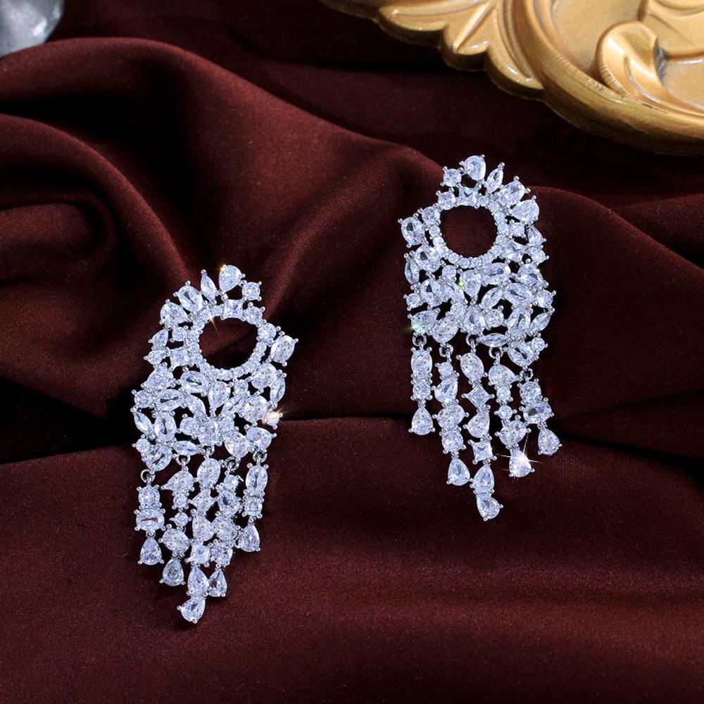 Zircons Luxury Clear White Cubic Zircon Symmetry Long Tassel Earrings for Women Trendy Engagement Wedding Jewelry Gifts E1148