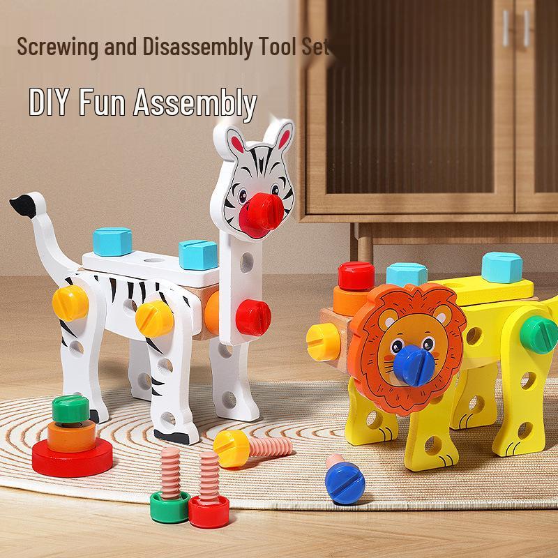 Children's Wooden Toolbox Puzzle: Screw Nut Disassembly Building Blocks with Portable Storage Box