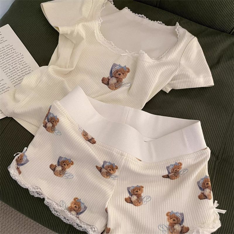 

Так рад видеть Синьба! Милая пижама с кружевом и принтом медведя, женская летняя сексуальная домашняя одежда, облегающие шорты Apricot shorts-Single Piece S