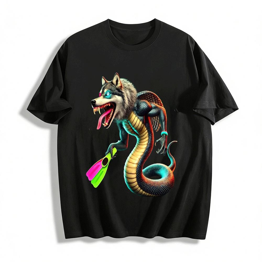 Weird Wolf Head Snake Body Monster Print Trendy Casual Short Sleeve T-Shirt Pure cotton T-shirt XXS
