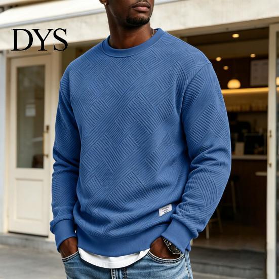 Mens Casual Crewneck Sweatshirt Men Sweatshirt, Soild Color Geometric Texture Ribbed Cuff Hem Loose Fit Pullover Shirt for Office Street Daily
