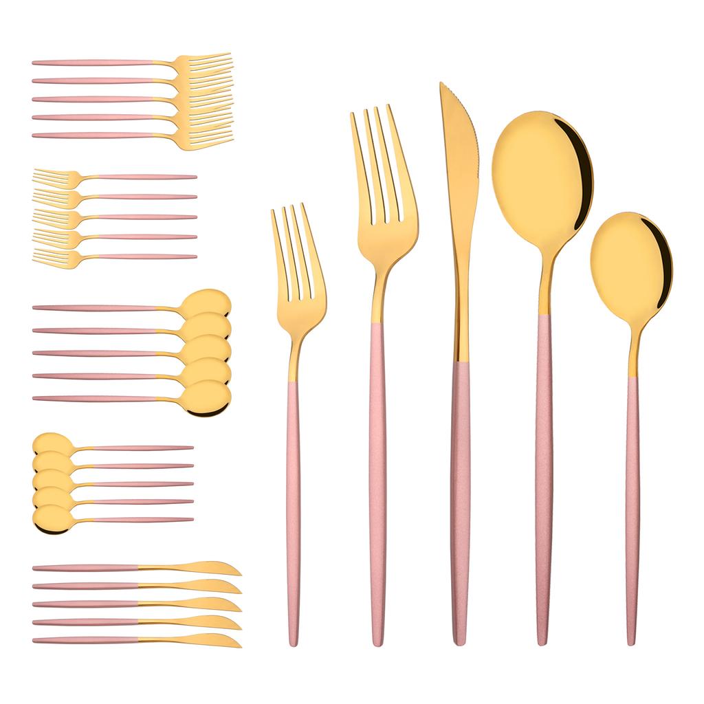 Set di posate con manico rosa da 30 pezzi, Servizio di posate in acciaio inossidabile per 6 persone, Coltelli, forchette, cucchiai moderni, Lucidatura a specchio