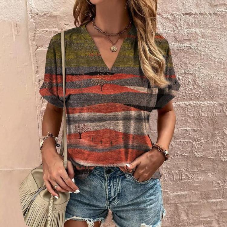 Women s Floral Print V-neck Short-sleeved Pullover T-shirt Summer Fashion Top S