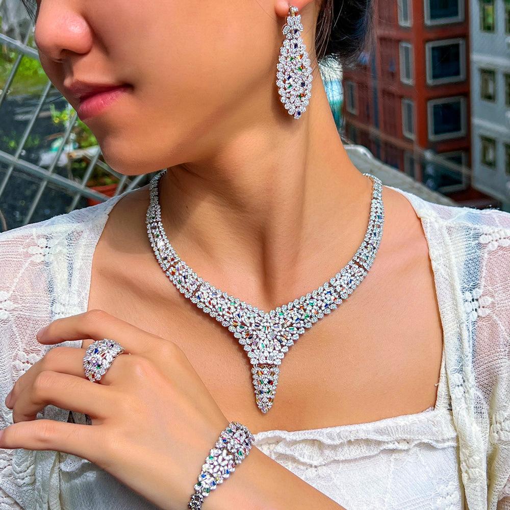 Saudi Bridal Jewelry Set Dress Accessories Zircon Necklace Earrings Bracelet Ring Four-Piece Chain Set