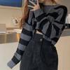 KOSY Striped Cropped Sweater Korean Style  Women Vintage Oversize Knit Jumper Female Autumn Long Sleeve O-neck Pullovers Tops
