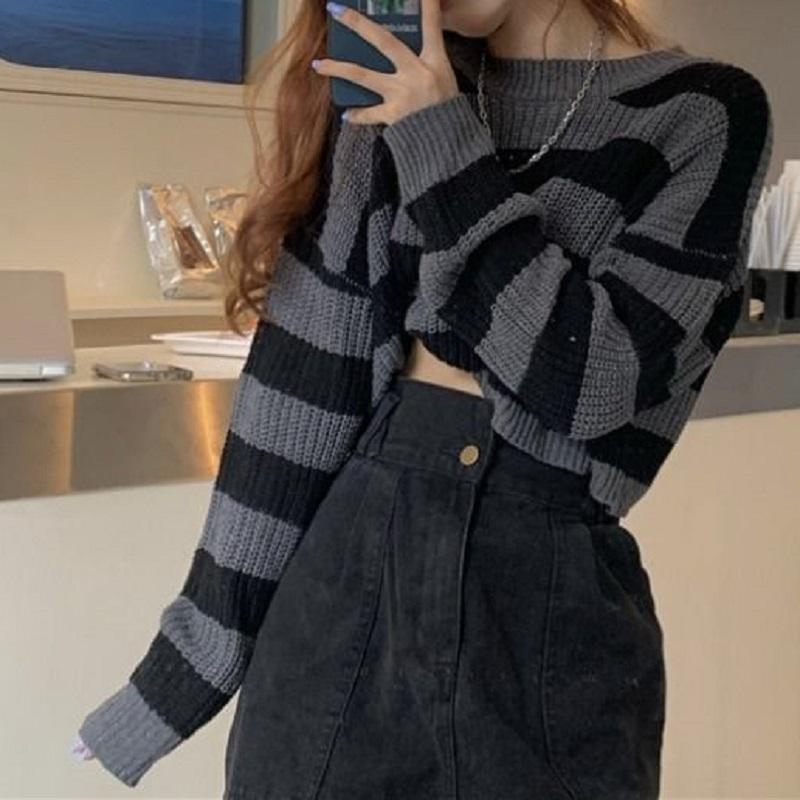 KOSY Striped Cropped Sweater Korean Style  Women Vintage Oversize Knit Jumper Female Autumn Long Sleeve O-neck Pullovers Tops