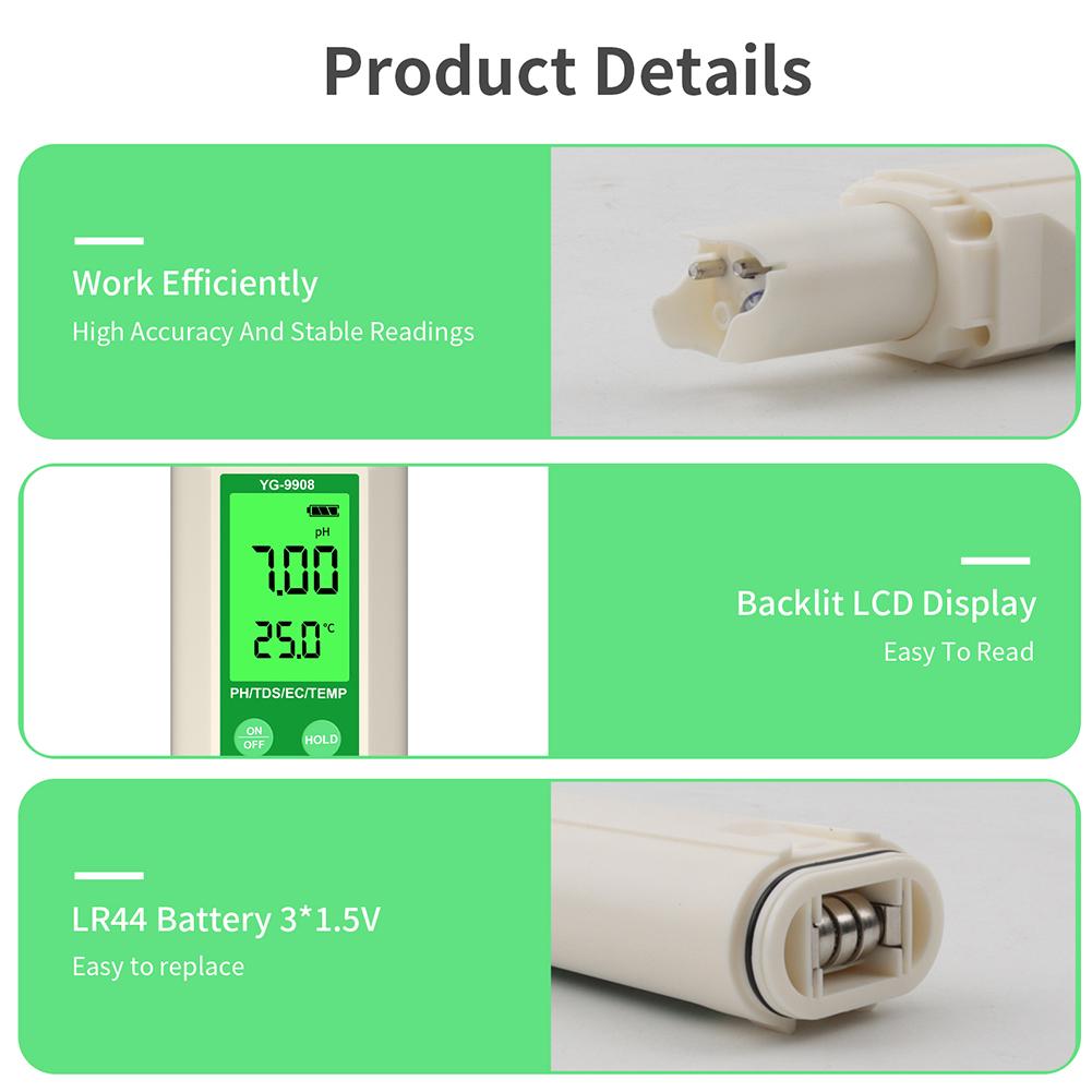 Digital PH Meter Hydroponic Water Quality Tester LCD Backlight Thermometer PH/EC/TDS Meter for Aquariums Drinking Water Spa