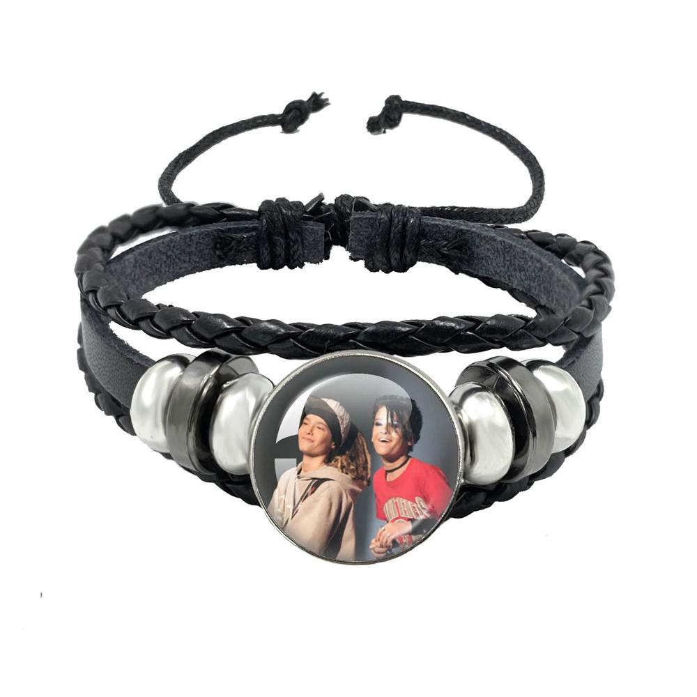Pop Retro Rock Band Tokio Hotel Bill Kaulitz Band Black Rope Button Glass Cabochon Leather Bracelet Jewelry Charm Fans