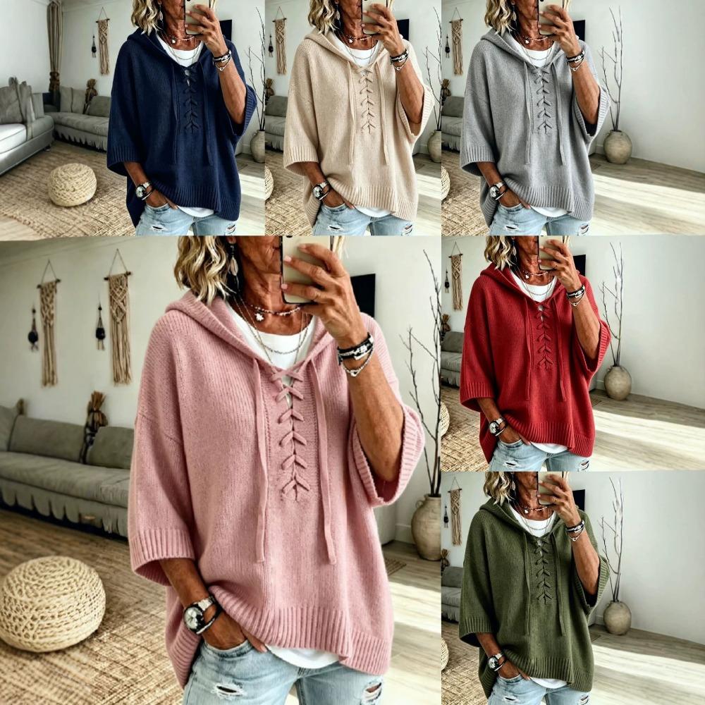 Women's New Knit Hooded Drawstring Sweater Loose Comfortable Hoodie Casual Soft Knitted Pullover Sweatshirt Top