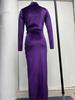 2023 European & American Style High Neck Velvet Long Dress with Slim Fit, Ruched Detailing & Slit - Autumn/Winter Women’s Fashion