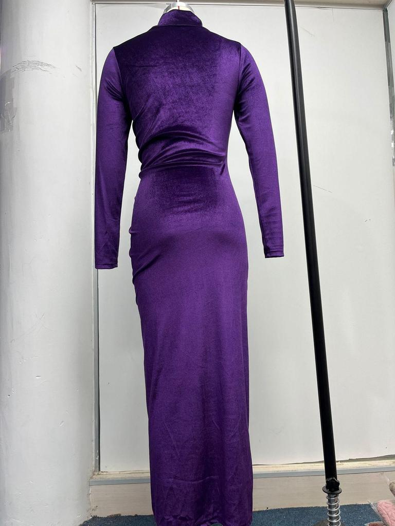 2023 European & American Style High Neck Velvet Long Dress with Slim Fit, Ruched Detailing & Slit - Autumn/Winter Women’s Fashion