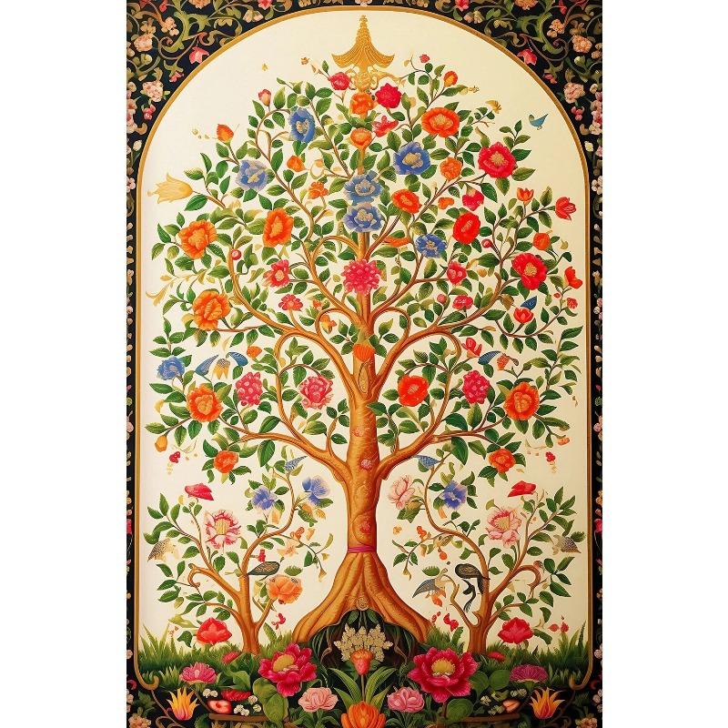 Vintage Indian Folk Art Tree of Life Lotus Floral Canvas Painting  Persian Pattern Wall Decor Poster for Home Room