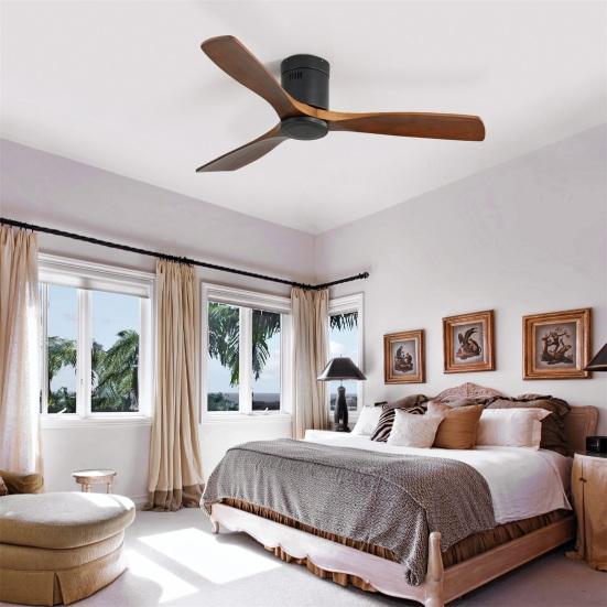 Ventilador de Teto de Perfil Baixo de 52 Polegadas Corrente Contínua 3 Pás de Madeira Esculpida Motor Reversível Silencioso Controle Remoto Sem Luz