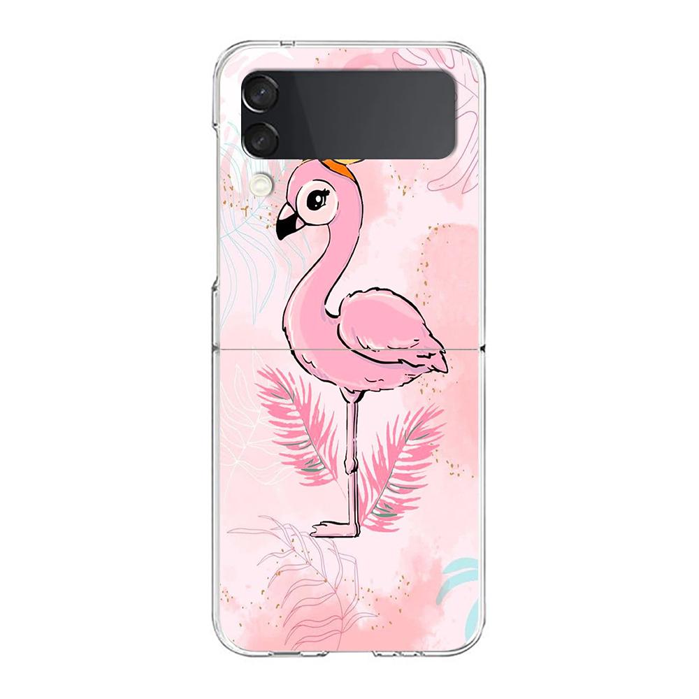 Phone Case For Samsung Galaxy Z Flip 3 4 5 Hard Folding Clear PC Bumper Lovely Pink Flamingos Leaf For Samsung Z Flip 6 Cover