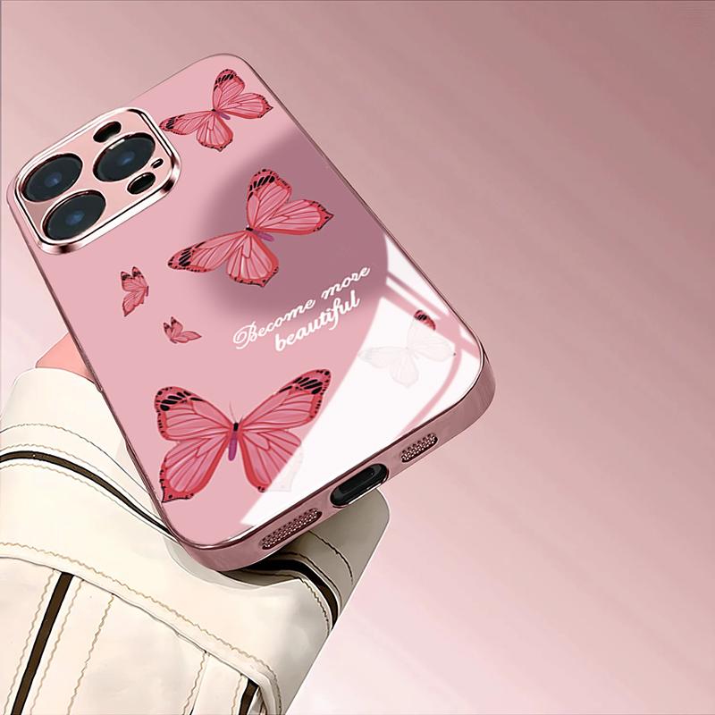 Cute Pink Butterfly Tempered Glass Phone Case for iPhone 17 Pro Max 16 15 14 Plus 13 12 11 Pro Max 16E 17Air Protection Cover