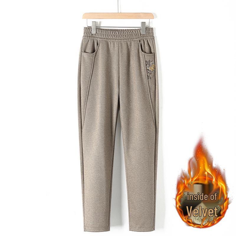 Mom's Versatile Plus Velvet Elastic Waist Straight Leg Pants - Thickened Winter Trousers for Middle-Aged and Elderly Women