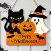 Black Cat Pumpkin Ghost Pendant Halloween Door Sign with Hemp Rope Lanyard, Printed Hanging Kindergarten Holiday Environment Decor Plaque, Wooden