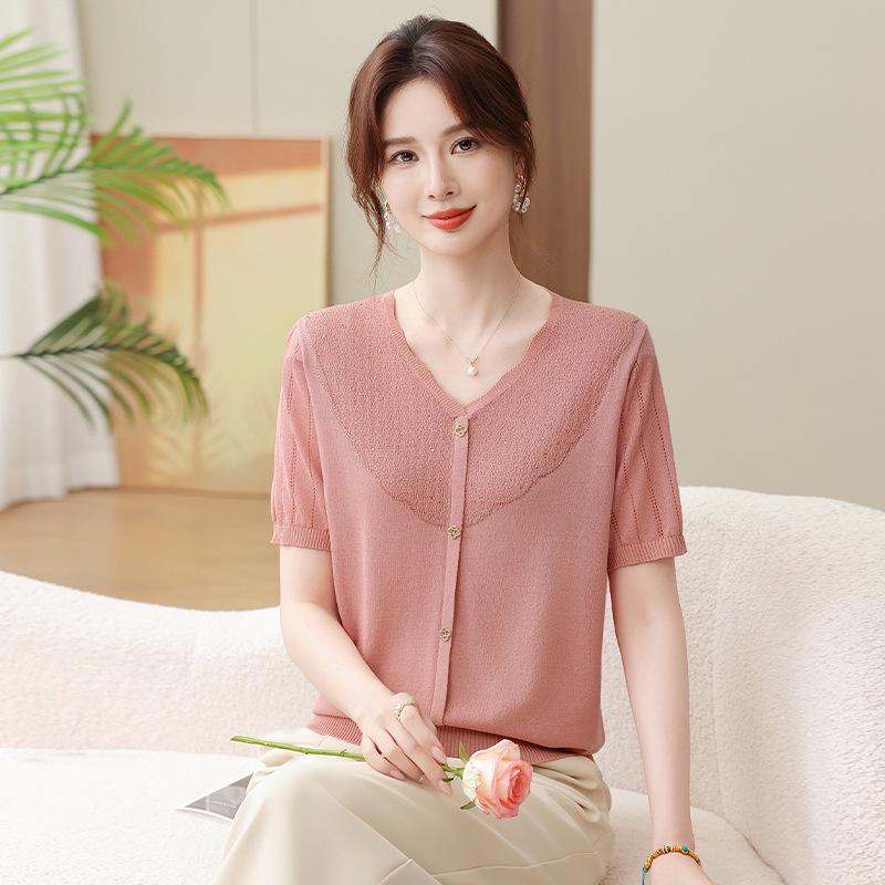 Mom s 2026 Summer Ice Silk Short Sleeve V-Neck Blouse for Middle-Aged & Elderly Women – Mother s Day Fashion 2XL (110-120 lbs)