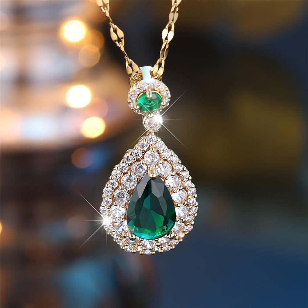 

Luxury Female Crystal Green Red Zircon Stone Water Drop Pendant Necklace Vintage Silver Color Wedding Jewelry For Women
